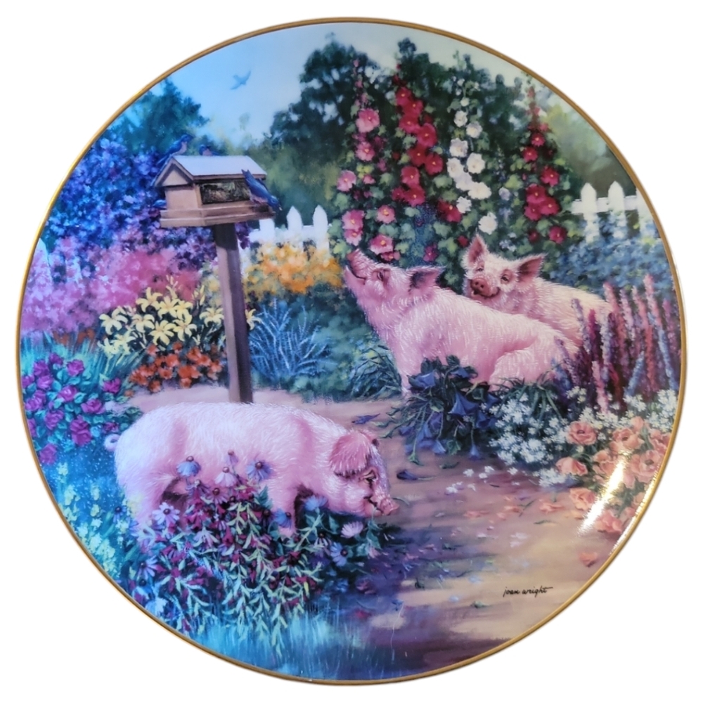 Vtg 97 Garden Party Joan Wright Pigs In Bloom Danbury Mint Collector Plate Gold